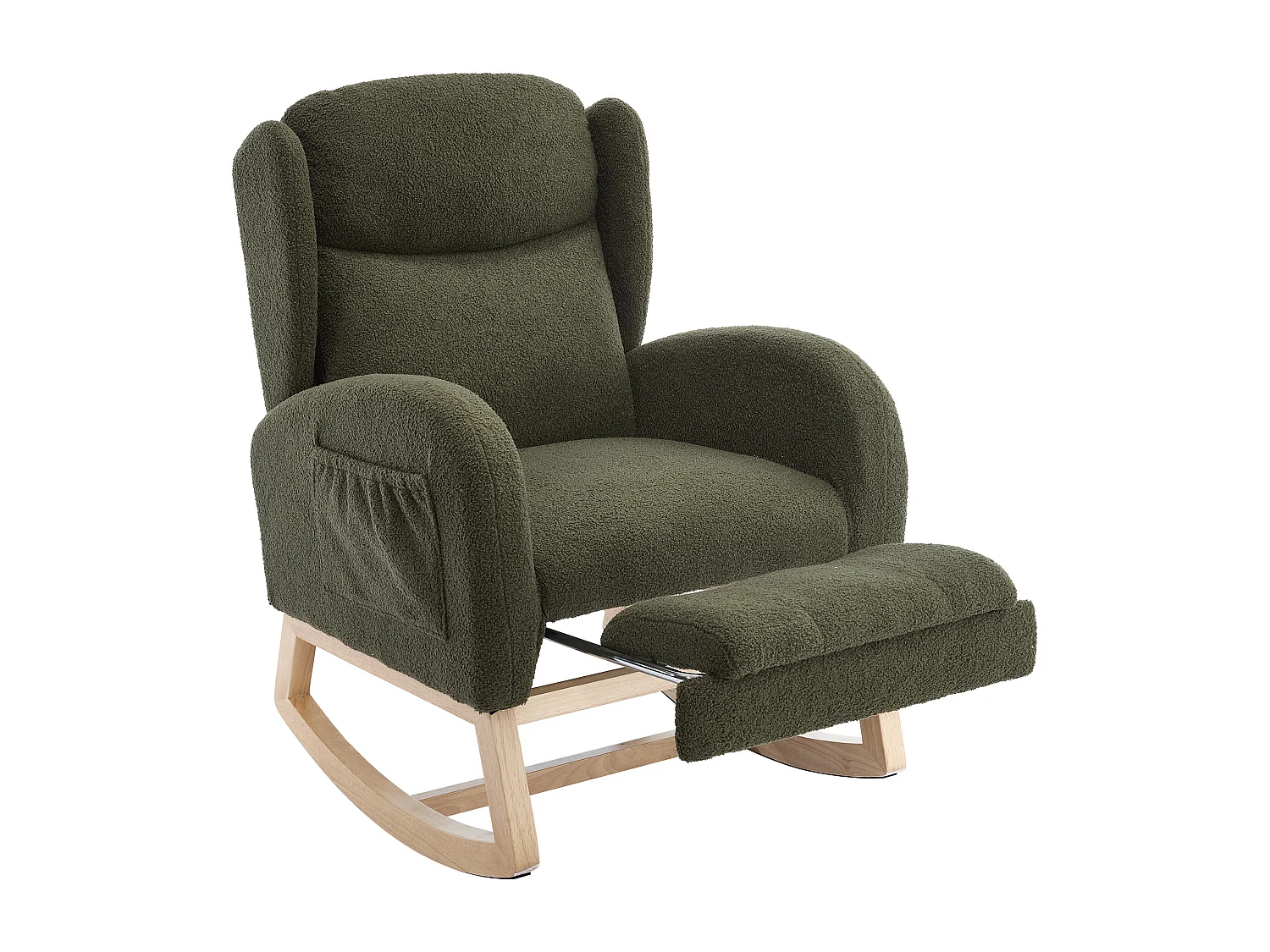 Rocking chair vert avec poches latérales, repose-pieds réglable, structure en bois 122,5x70x104cm