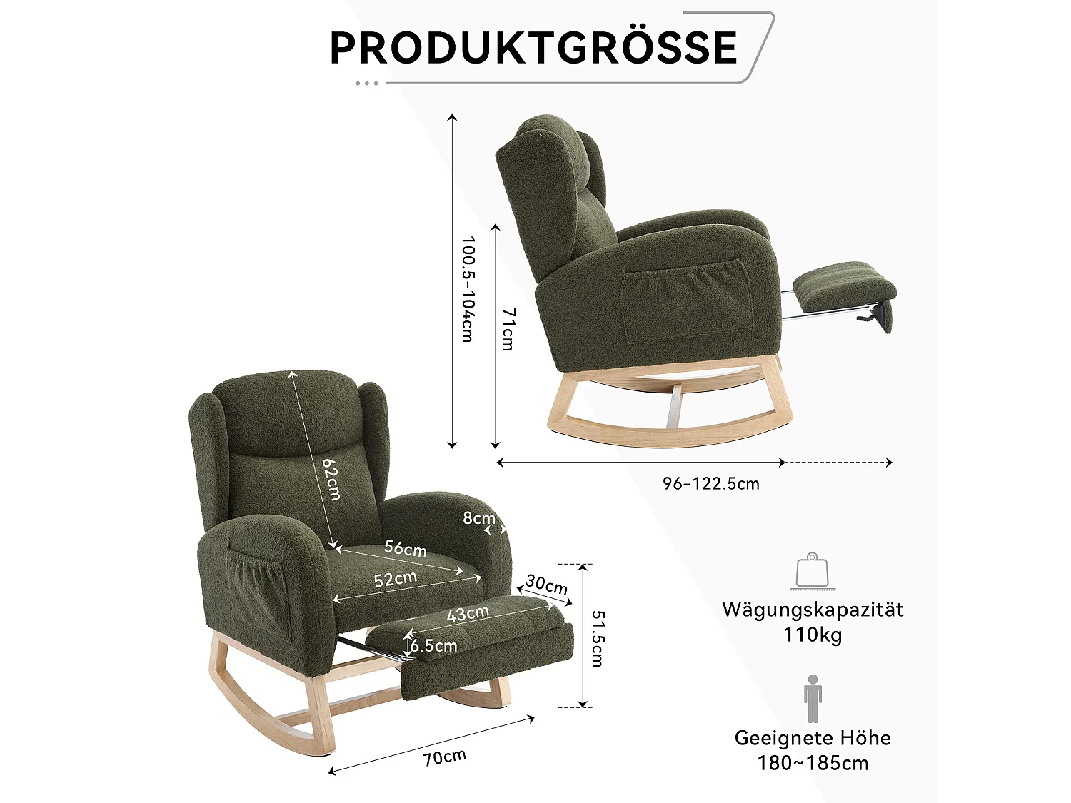 Rocking chair vert avec poches latérales, repose-pieds réglable, structure en bois 122,5x70x104cm