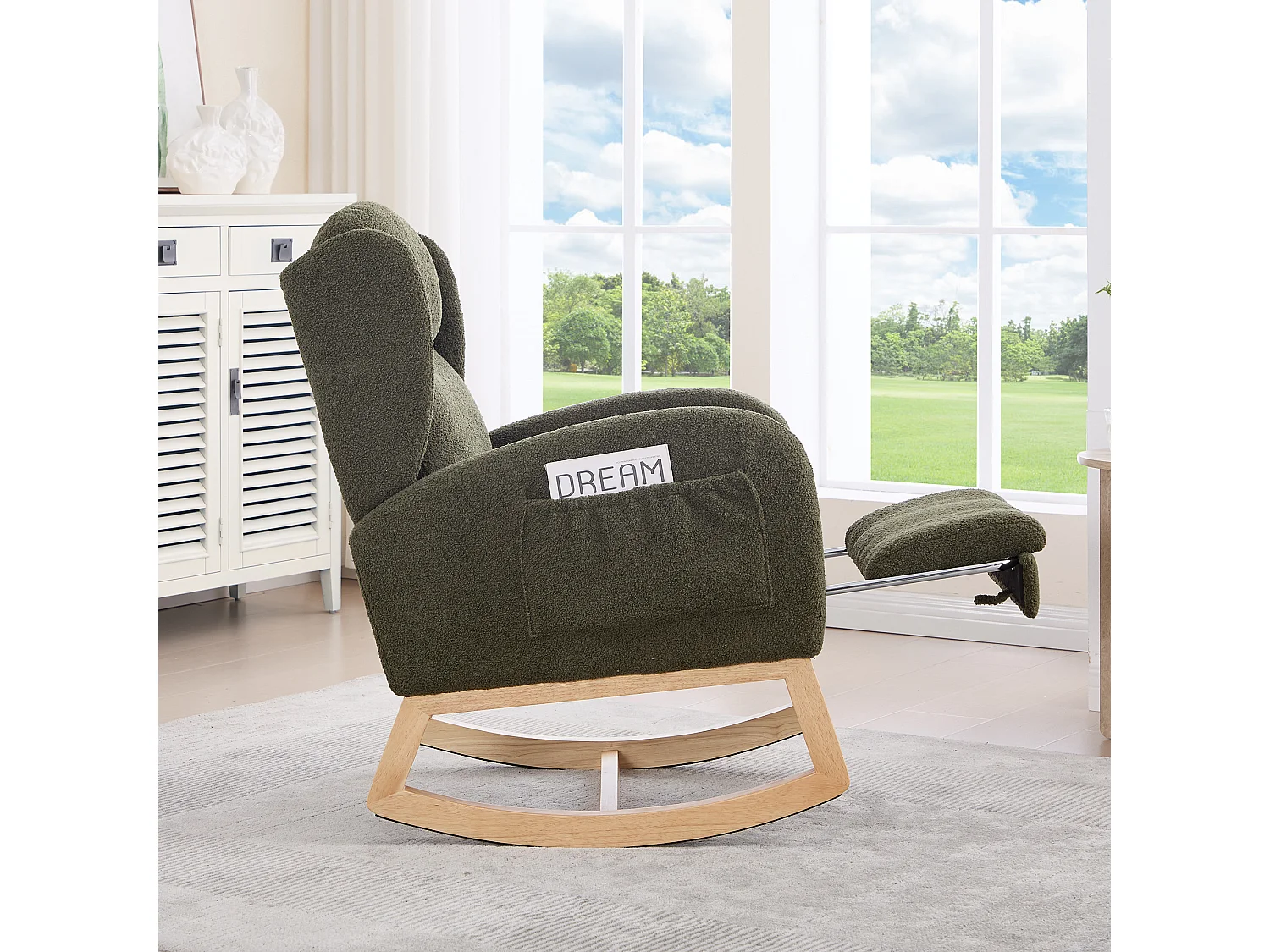 Rocking chair vert avec poches latérales, repose-pieds réglable, structure en bois 122,5x70x104cm