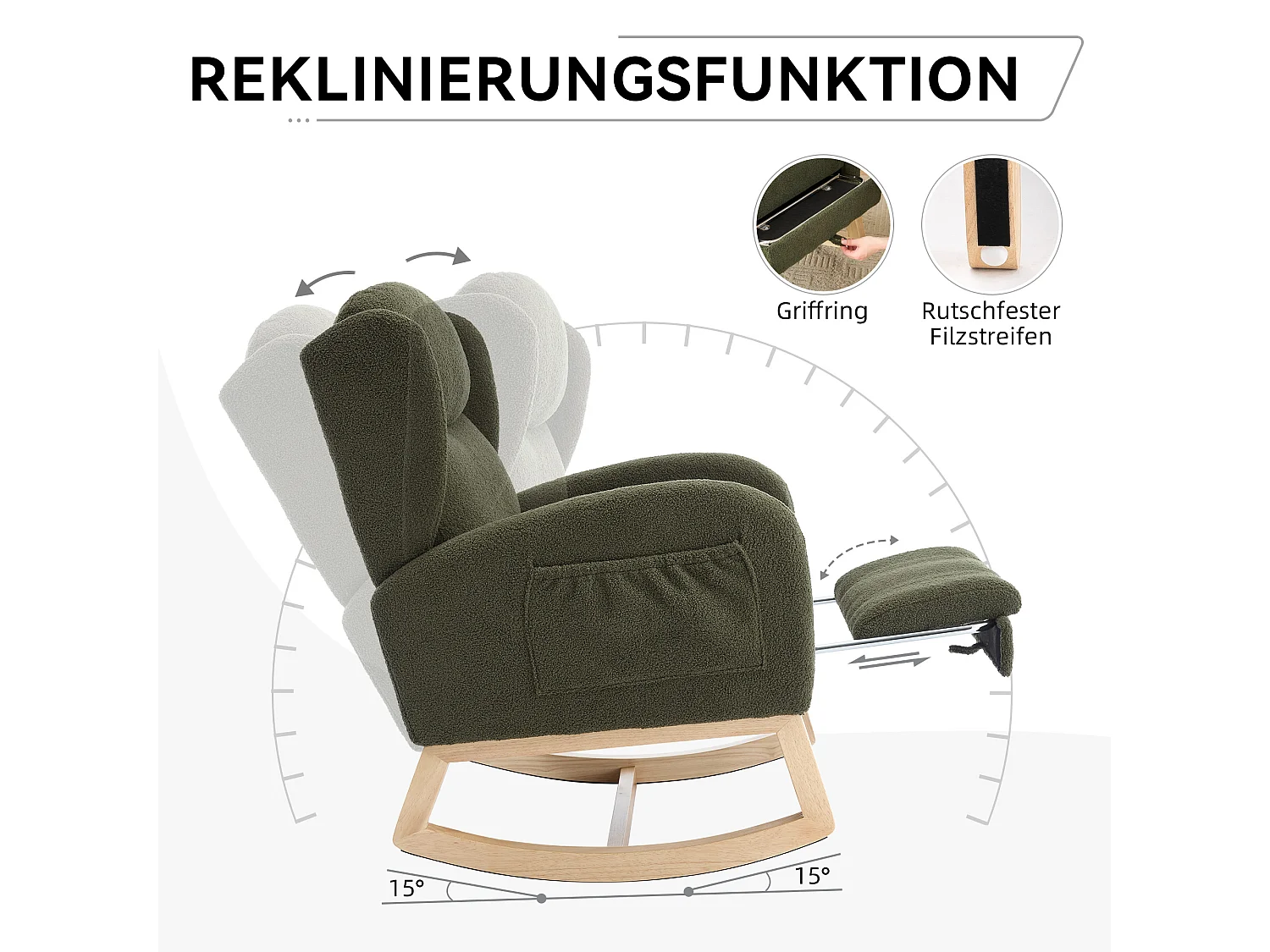 Rocking chair vert avec poches latérales, repose-pieds réglable, structure en bois 122,5x70x104cm