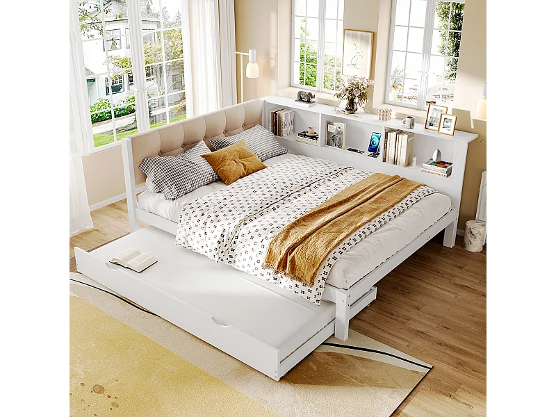 Lit banquette blanc 140x200cm avec lit gigogne 90x190cm avec éclairage LED, rangement, USB (sans matelas)