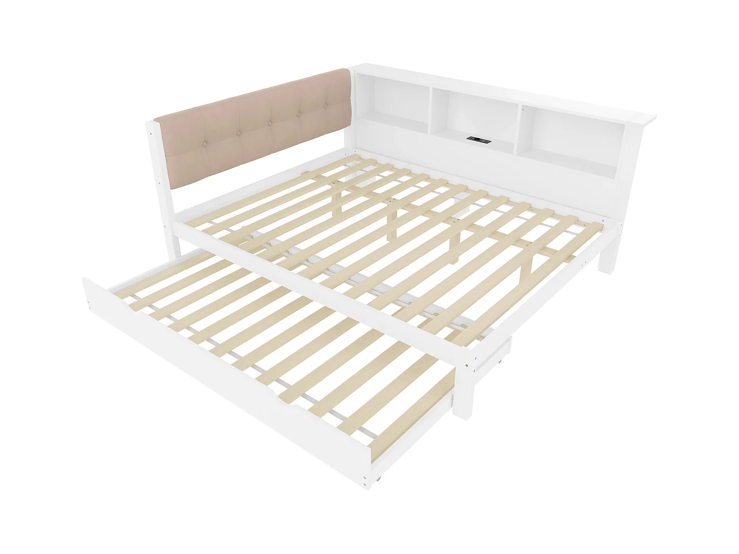 Witte slaapbank 140x200cm met uitschuifbed 90x190cm met LED-verlichting, opbergruimte, USB (zonder matras)