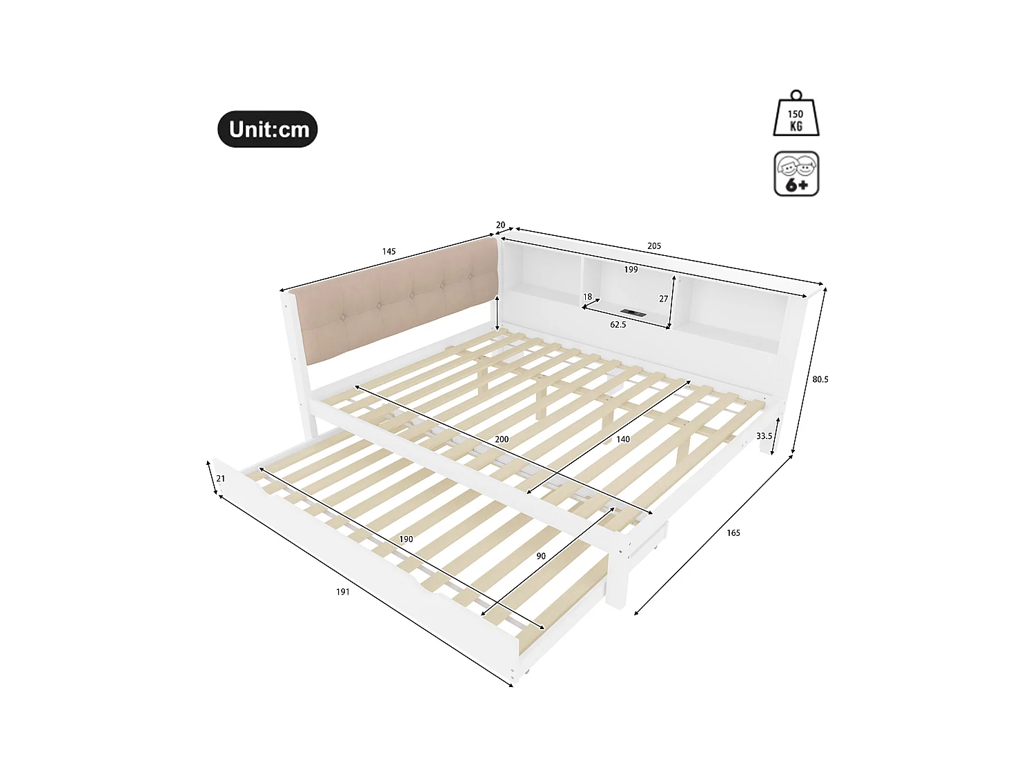 Witte slaapbank 140x200cm met uitschuifbed 90x190cm met LED-verlichting, opbergruimte, USB (zonder matras)