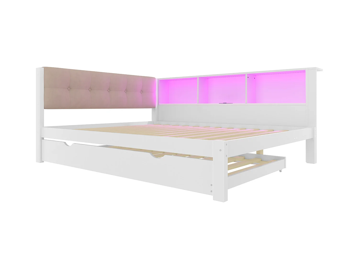 Witte slaapbank 140x200cm met uitschuifbed 90x190cm met LED-verlichting, opbergruimte, USB (zonder matras)