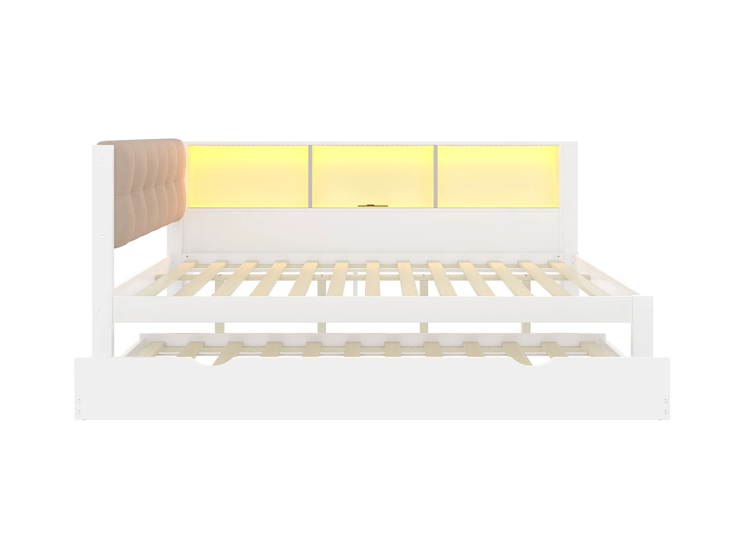 Witte slaapbank 140x200cm met uitschuifbed 90x190cm met LED-verlichting, opbergruimte, USB (zonder matras)