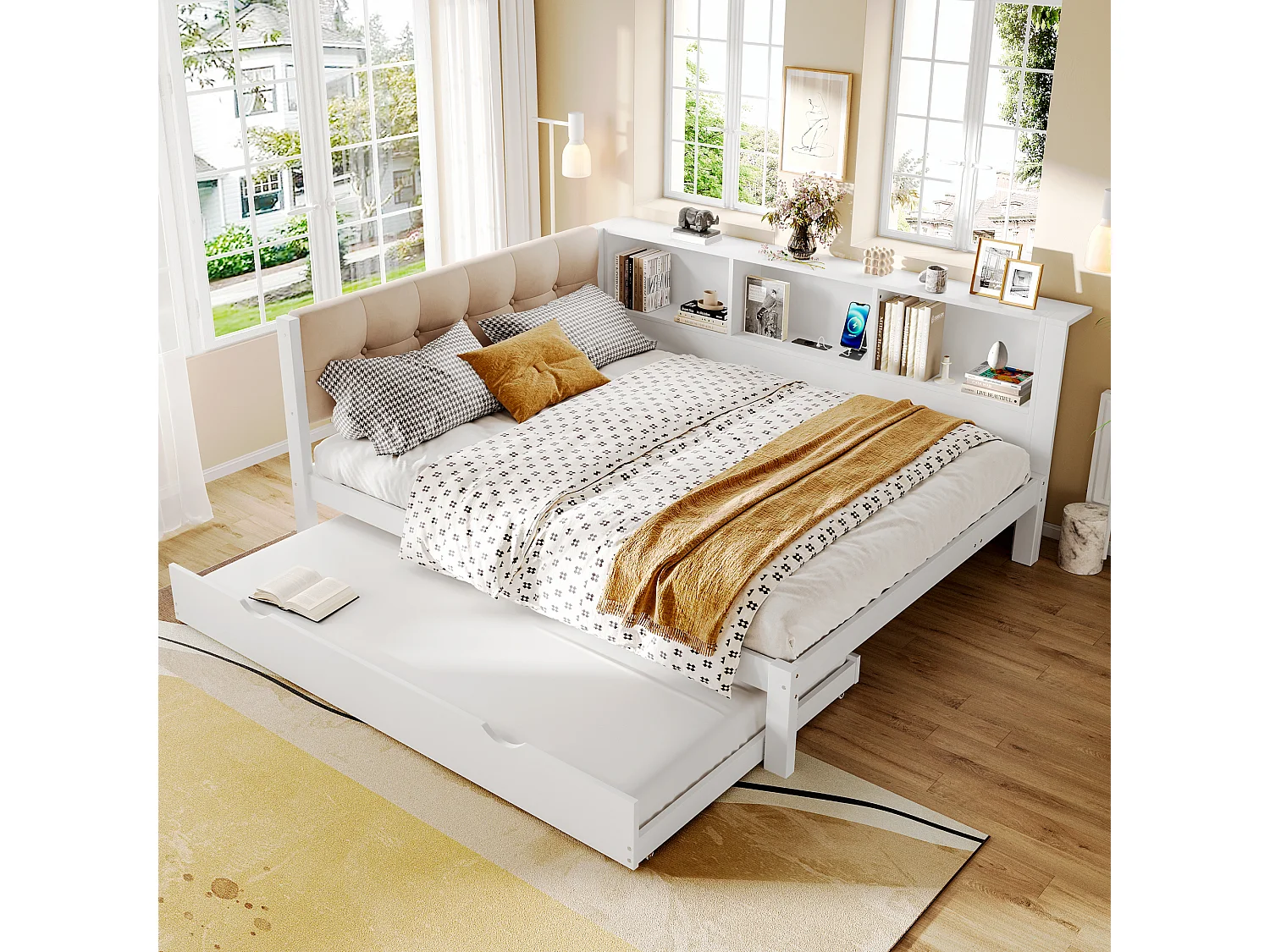 Lit banquette blanc 140x200cm avec lit gigogne 90x190cm avec éclairage LED, rangement, USB (sans matelas)