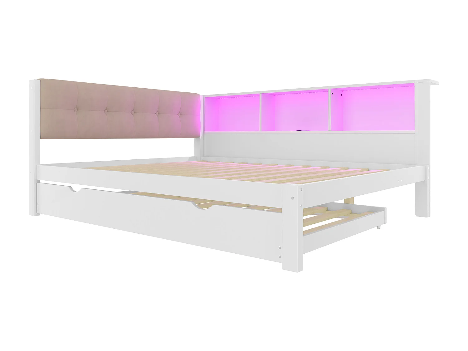 Lit banquette blanc 140x200cm avec lit gigogne 90x190cm avec éclairage LED, rangement, USB (sans matelas)