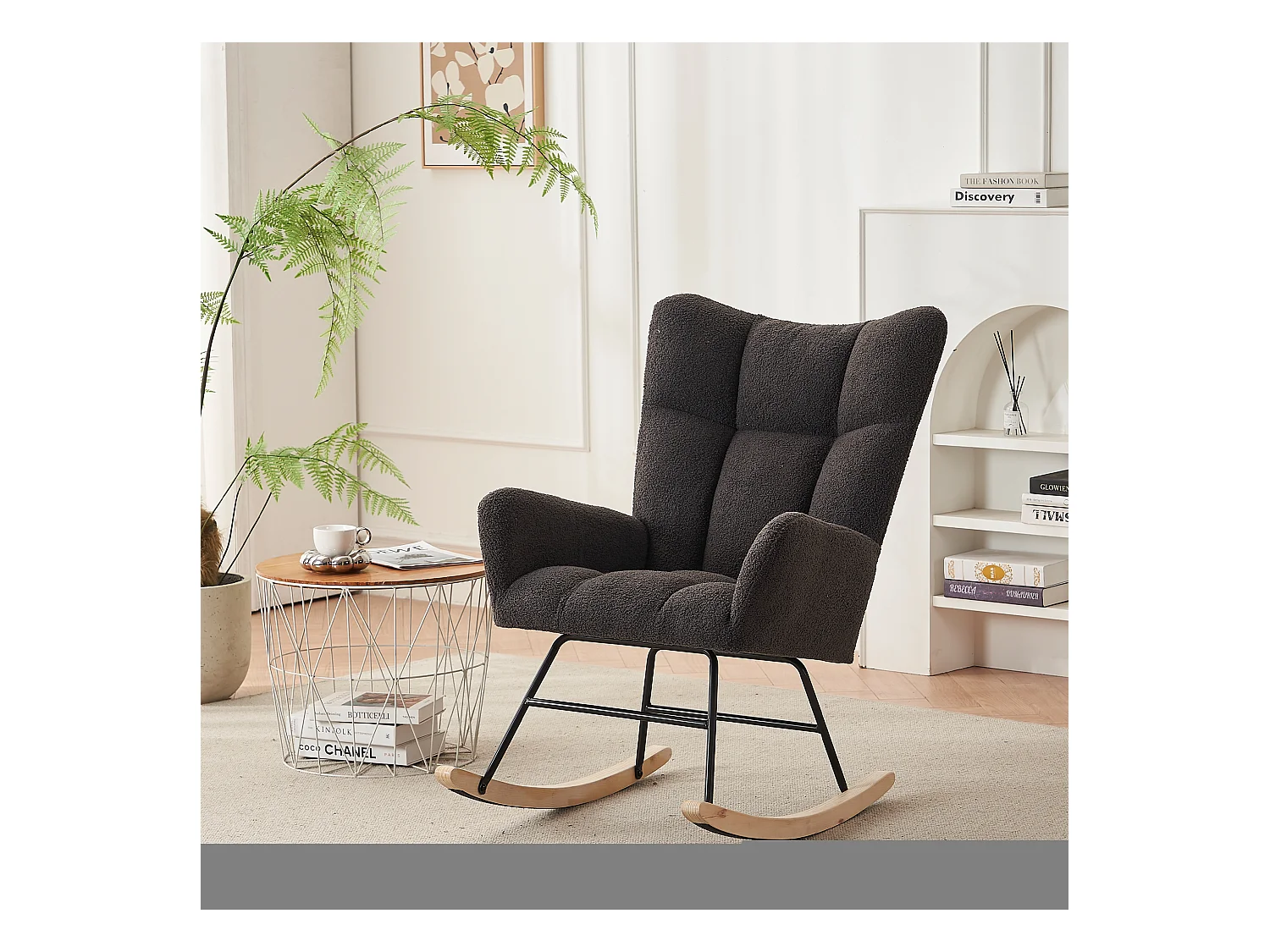 Rocking chair gris foncé avec dossier haut et accoudoirs, structure noire 95,7 x 62,9 x 90,9 cm