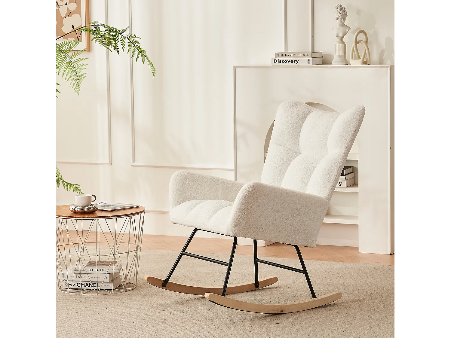 Rocking chair blanc avec dossier haut et accoudoirs, structure noire 95,7 x 62,9 x 90,9 cm