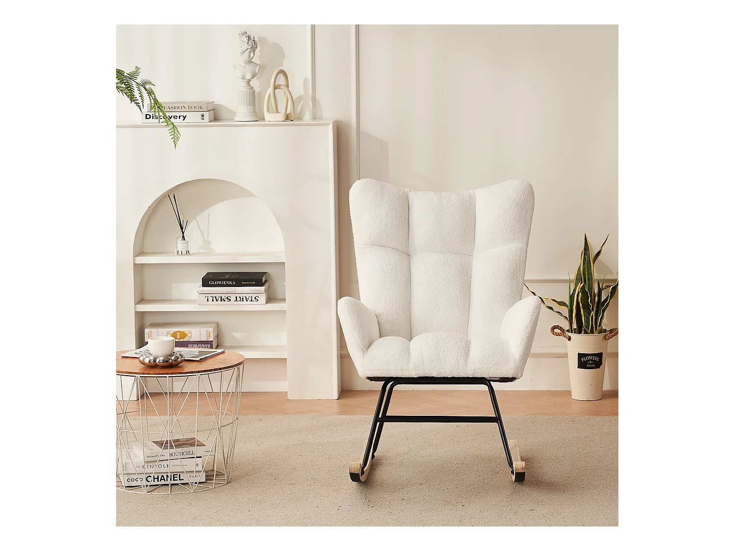 Rocking chair blanc avec dossier haut et accoudoirs, structure noire 95,7 x 62,9 x 90,9 cm