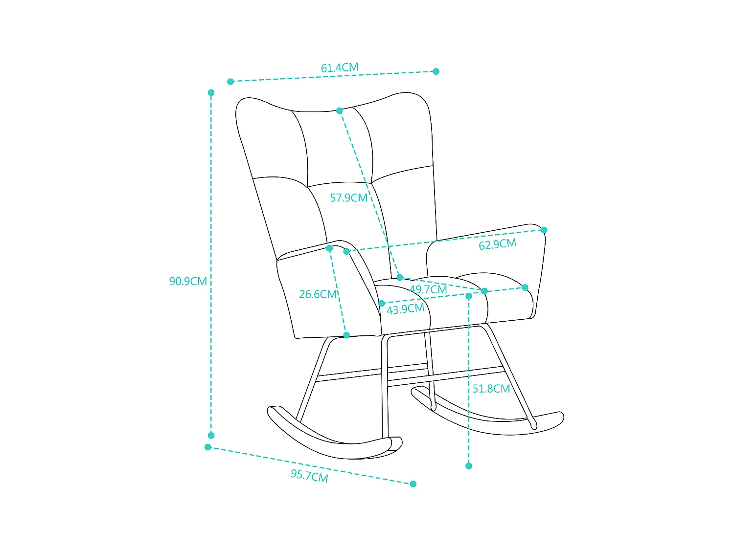 Rocking chair blanc avec dossier haut et accoudoirs, structure noire 95,7 x 62,9 x 90,9 cm