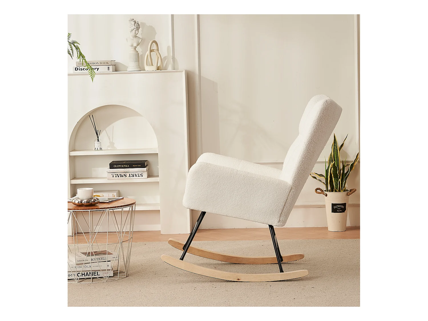 Rocking chair blanc avec dossier haut et accoudoirs, structure noire 95,7 x 62,9 x 90,9 cm
