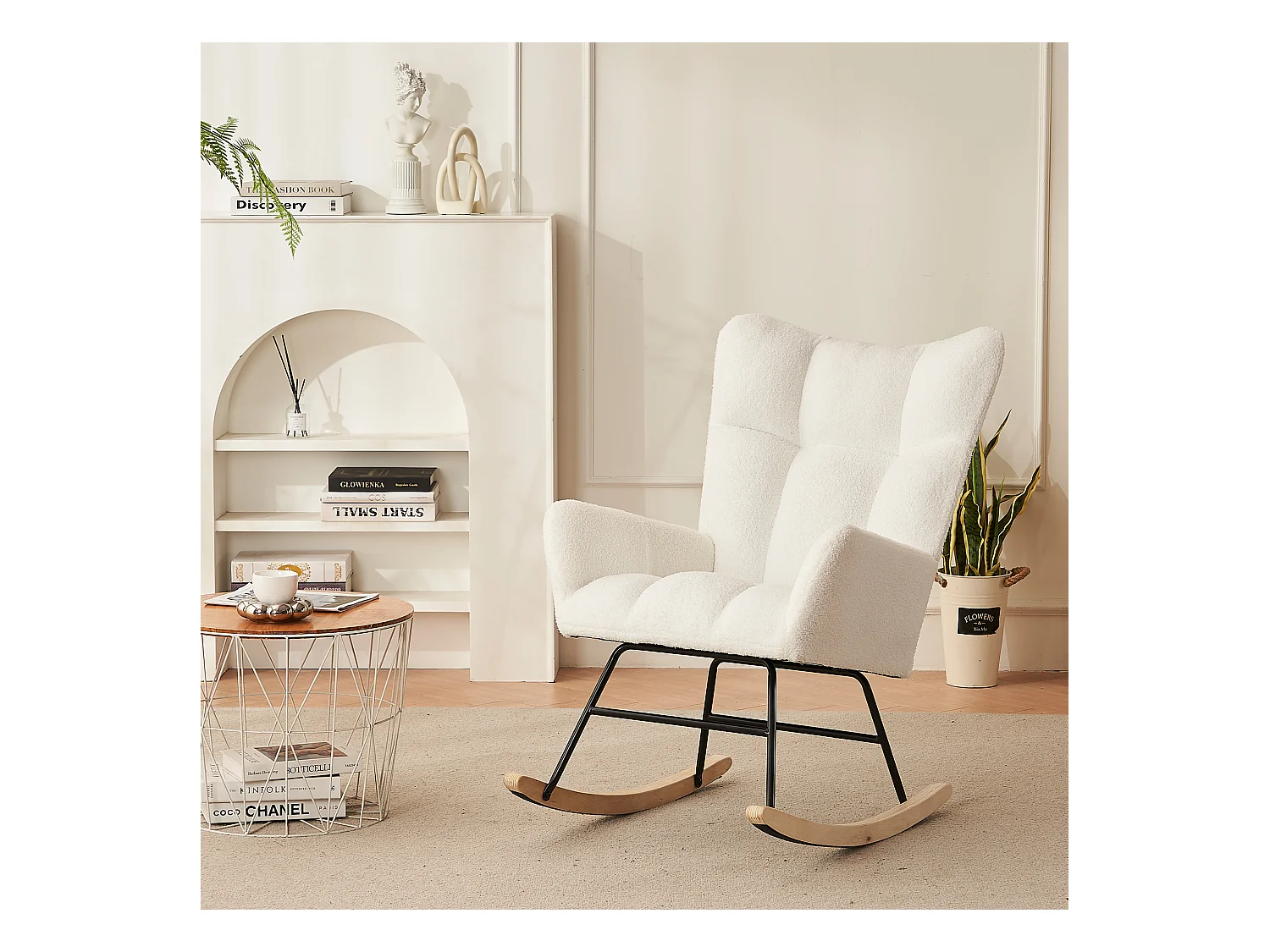 Rocking chair blanc avec dossier haut et accoudoirs, structure noire 95,7 x 62,9 x 90,9 cm