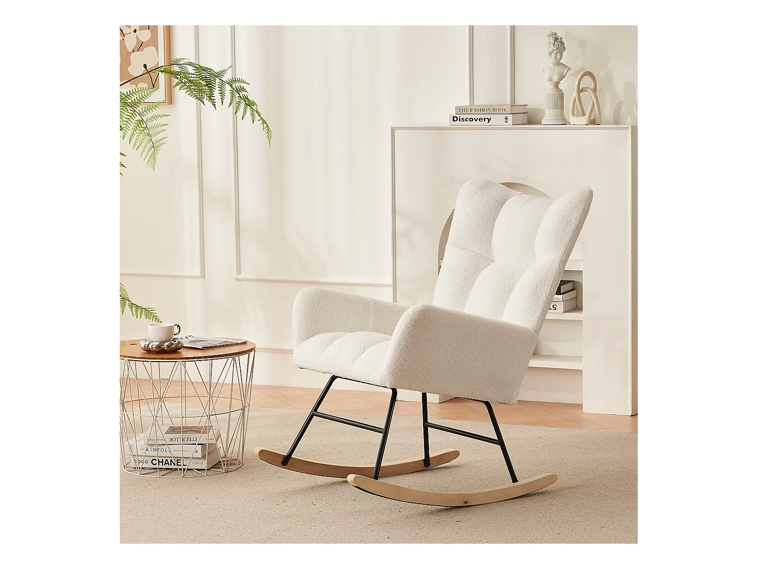 Rocking chair blanc avec dossier haut et accoudoirs, structure noire 95,7 x 62,9 x 90,9 cm