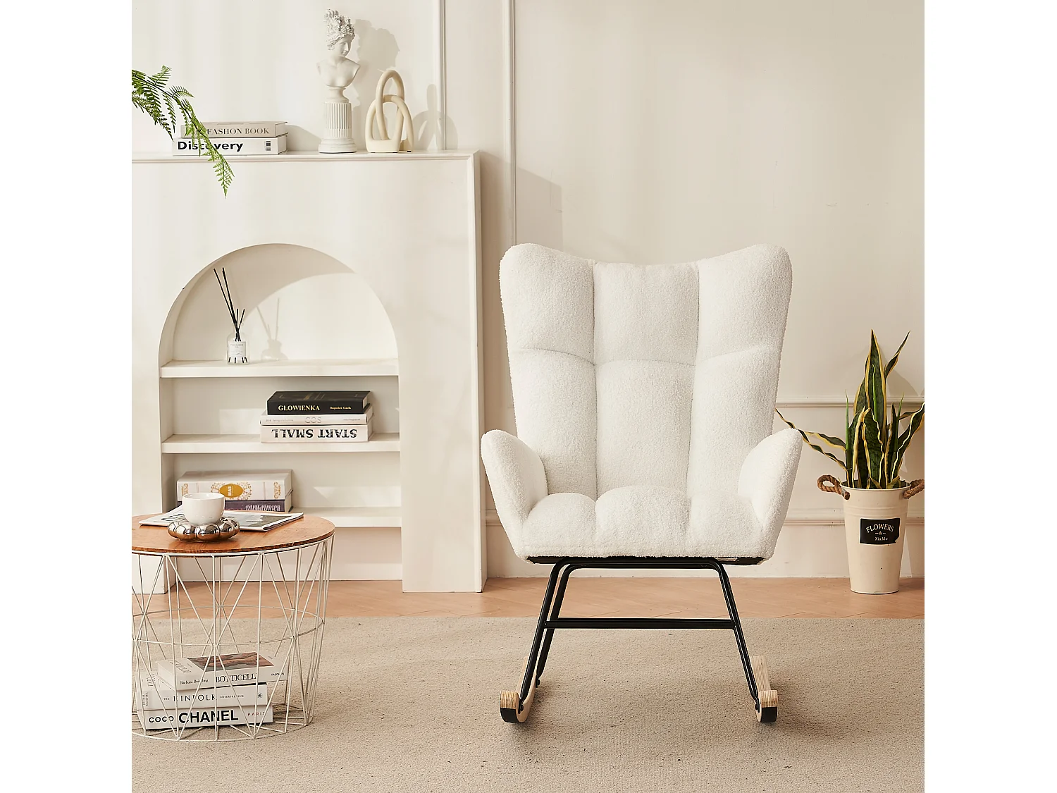 Rocking chair blanc avec dossier haut et accoudoirs, structure noire 95,7 x 62,9 x 90,9 cm