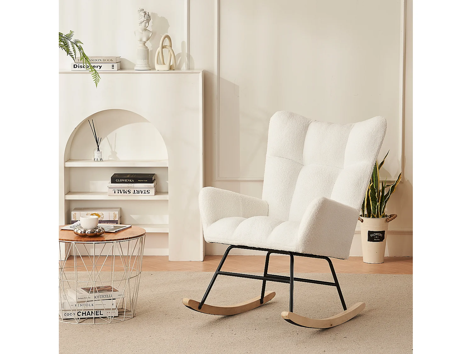 Rocking chair blanc avec dossier haut et accoudoirs, structure noire 95,7 x 62,9 x 90,9 cm