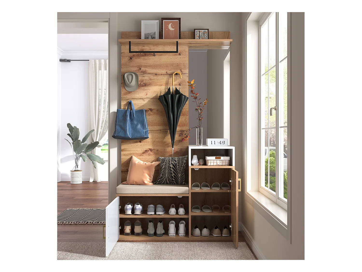 Witte en houten garderobekast met spiegel, 2 deuren, bank en 4 haken 105x40x190,5cm