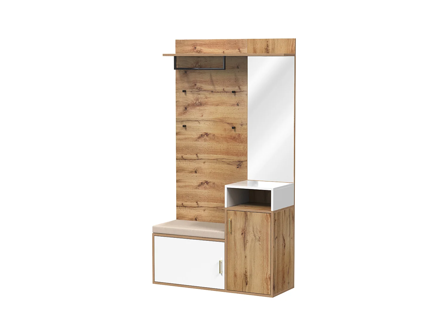 Witte en houten garderobekast met spiegel, 2 deuren, bank en 4 haken 105x40x190,5cm