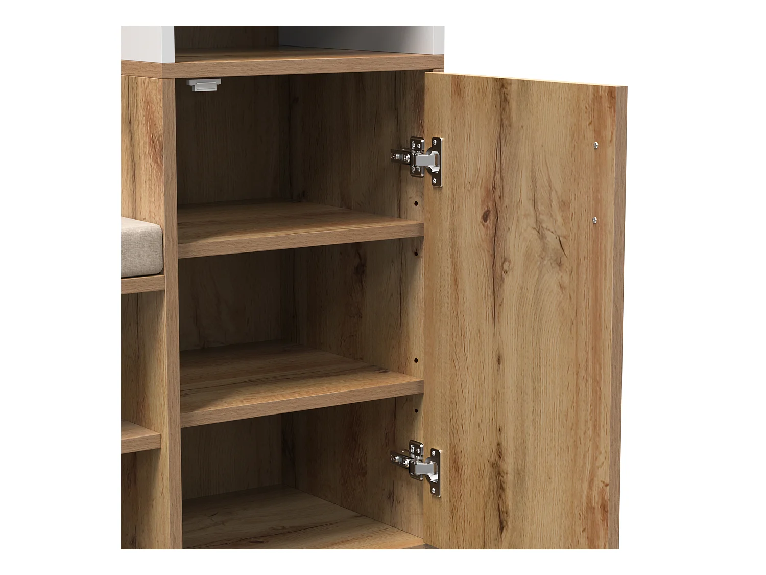 Witte en houten garderobekast met spiegel, 2 deuren, bank en 4 haken 105x40x190,5cm