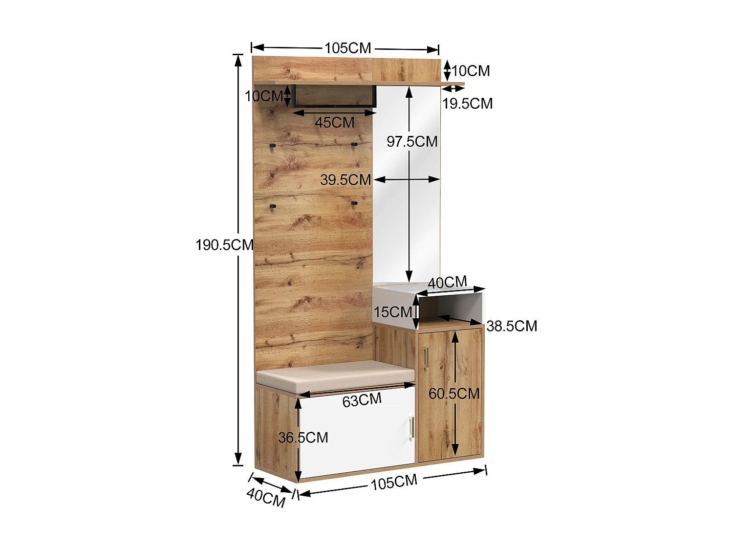 Armadio guardaroba bianco e legno con specchio, 2 ante, panca e 4 ganci 105x40x190,5cm