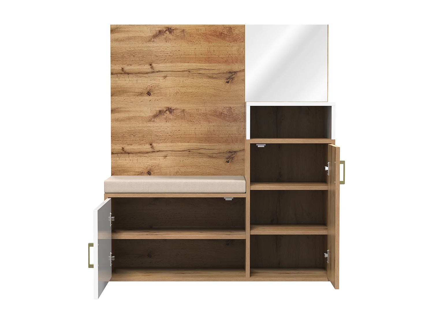 Armadio guardaroba bianco e legno con specchio, 2 ante, panca e 4 ganci 105x40x190,5cm