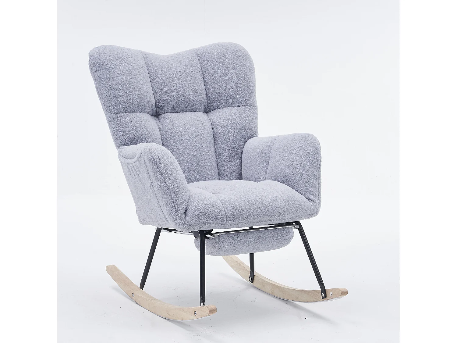 Rocking chair en tissu gris Teddy  avec repose-pieds rétractable et poches latérales