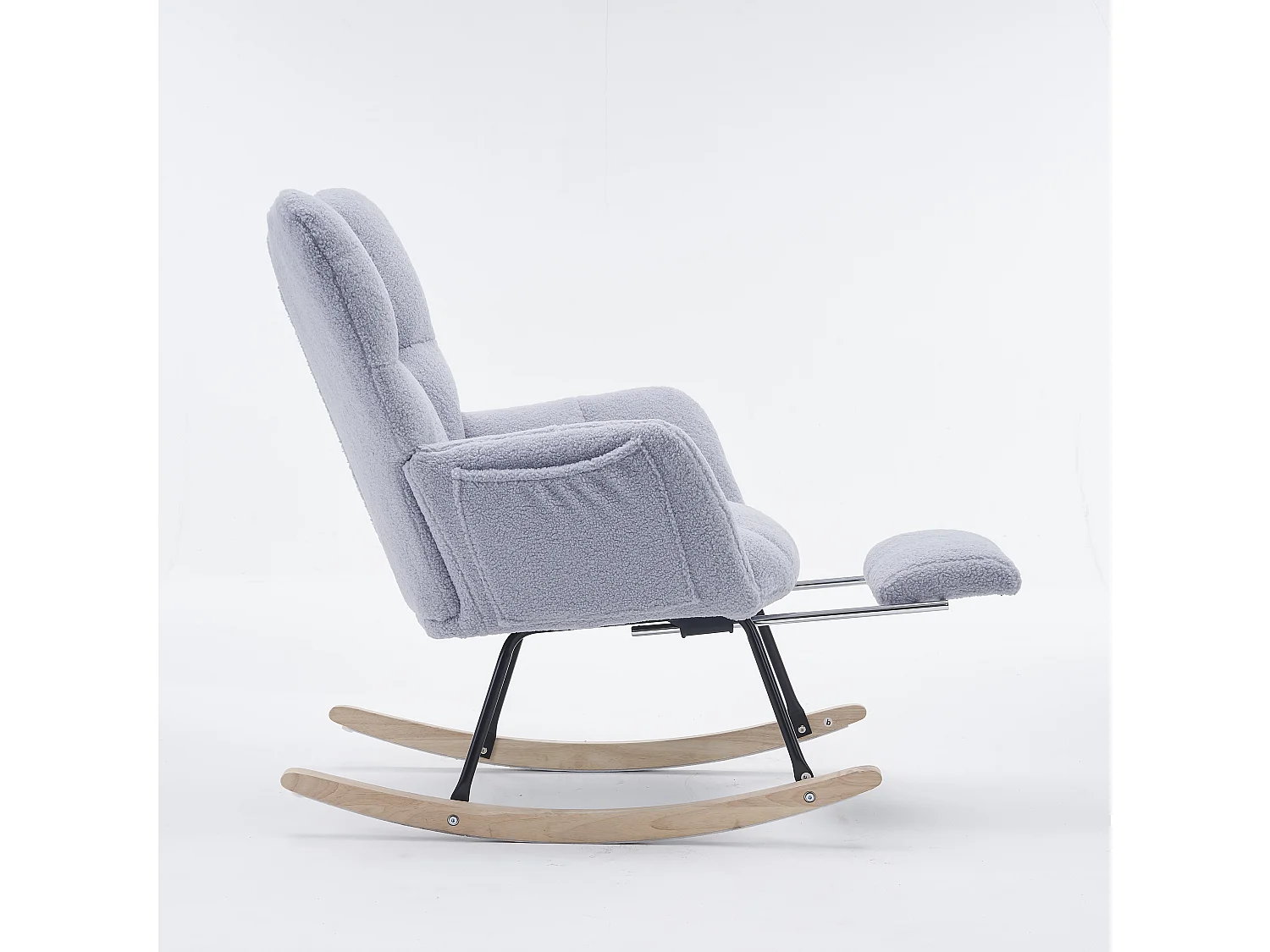 Rocking chair en tissu gris Teddy  avec repose-pieds rétractable et poches latérales
