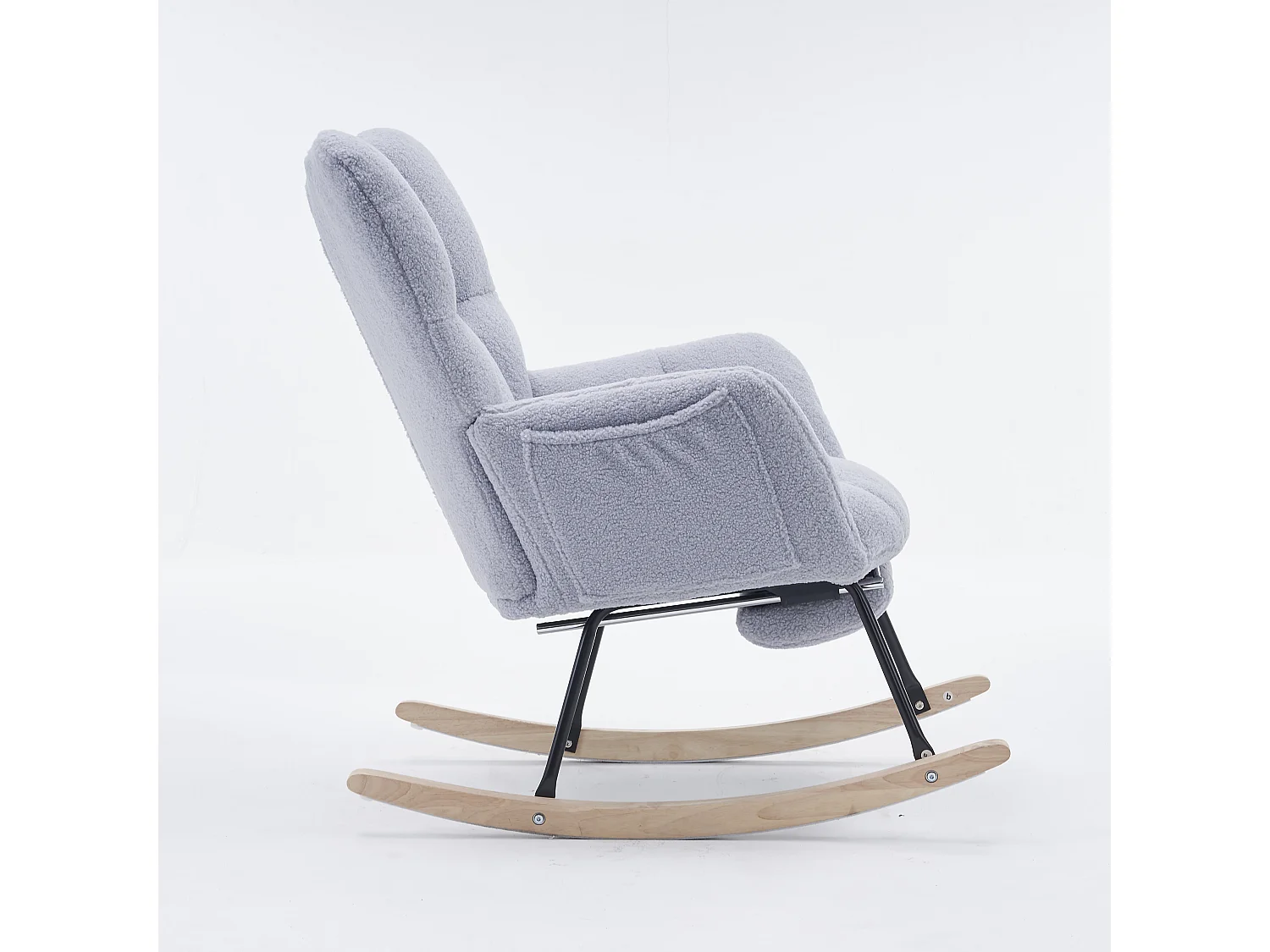 Rocking chair en tissu gris Teddy  avec repose-pieds rétractable et poches latérales