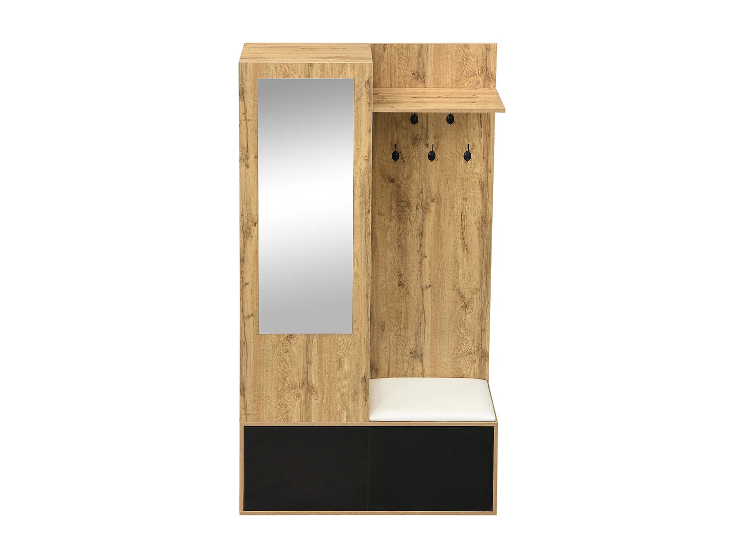 Armadio nero e legno con 5 ganci, specchio, 2 ante, un appendiabiti nascosto e un ripiano 100x38x191cm