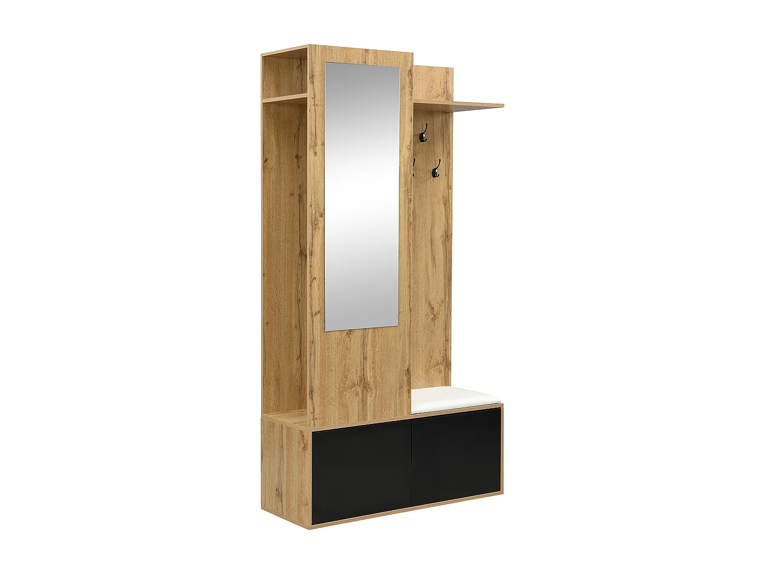 Armadio nero e legno con 5 ganci, specchio, 2 ante, un appendiabiti nascosto e un ripiano 100x38x191cm