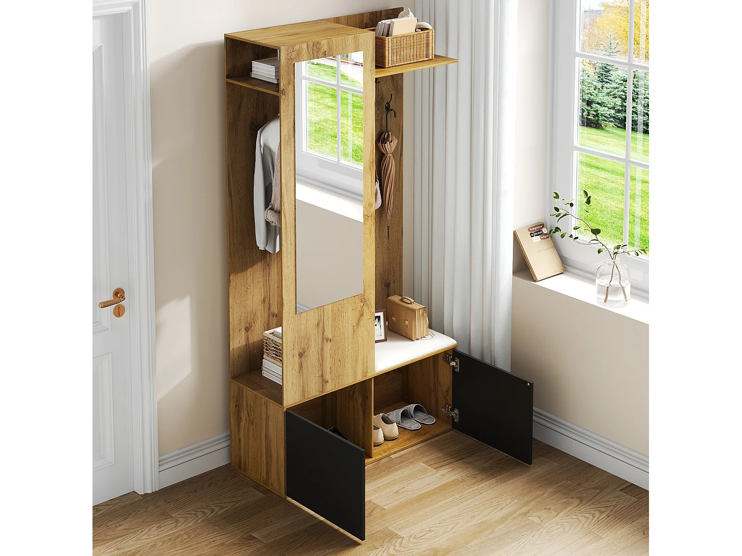 Armadio nero e legno con 5 ganci, specchio, 2 ante, un appendiabiti nascosto e un ripiano 100x38x191cm