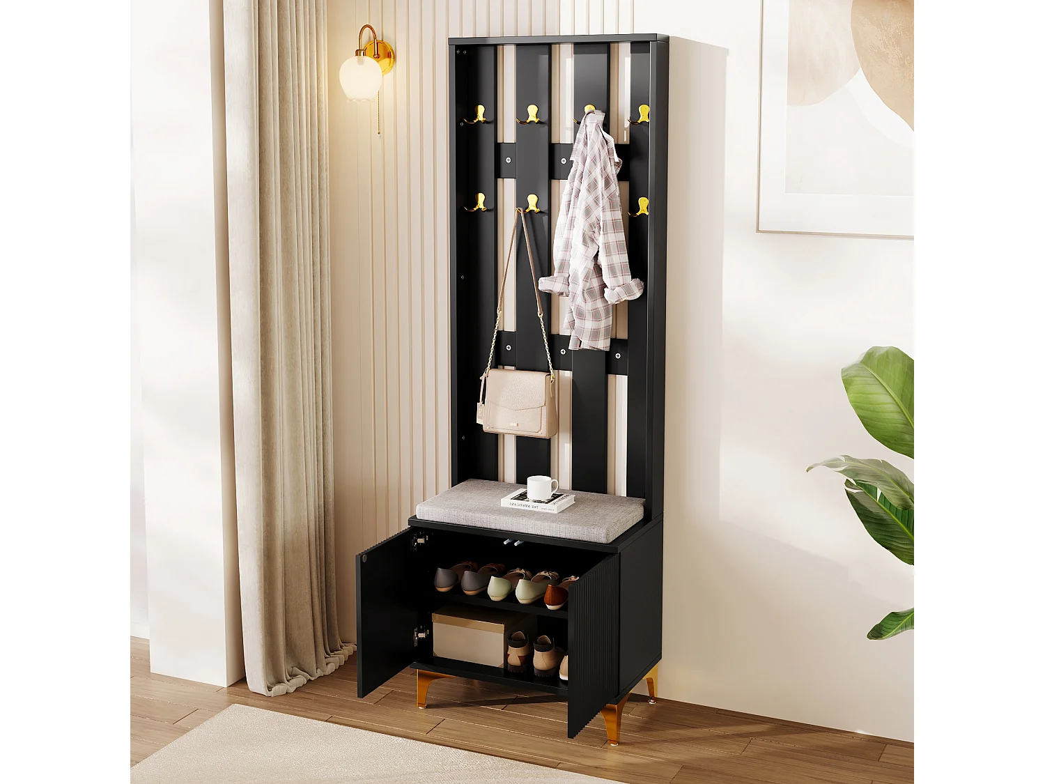 Vestiaire noir avec 2 portes, banc à chaussures et coussin, patères, pieds dorés 60,5x35,2x180,5cm