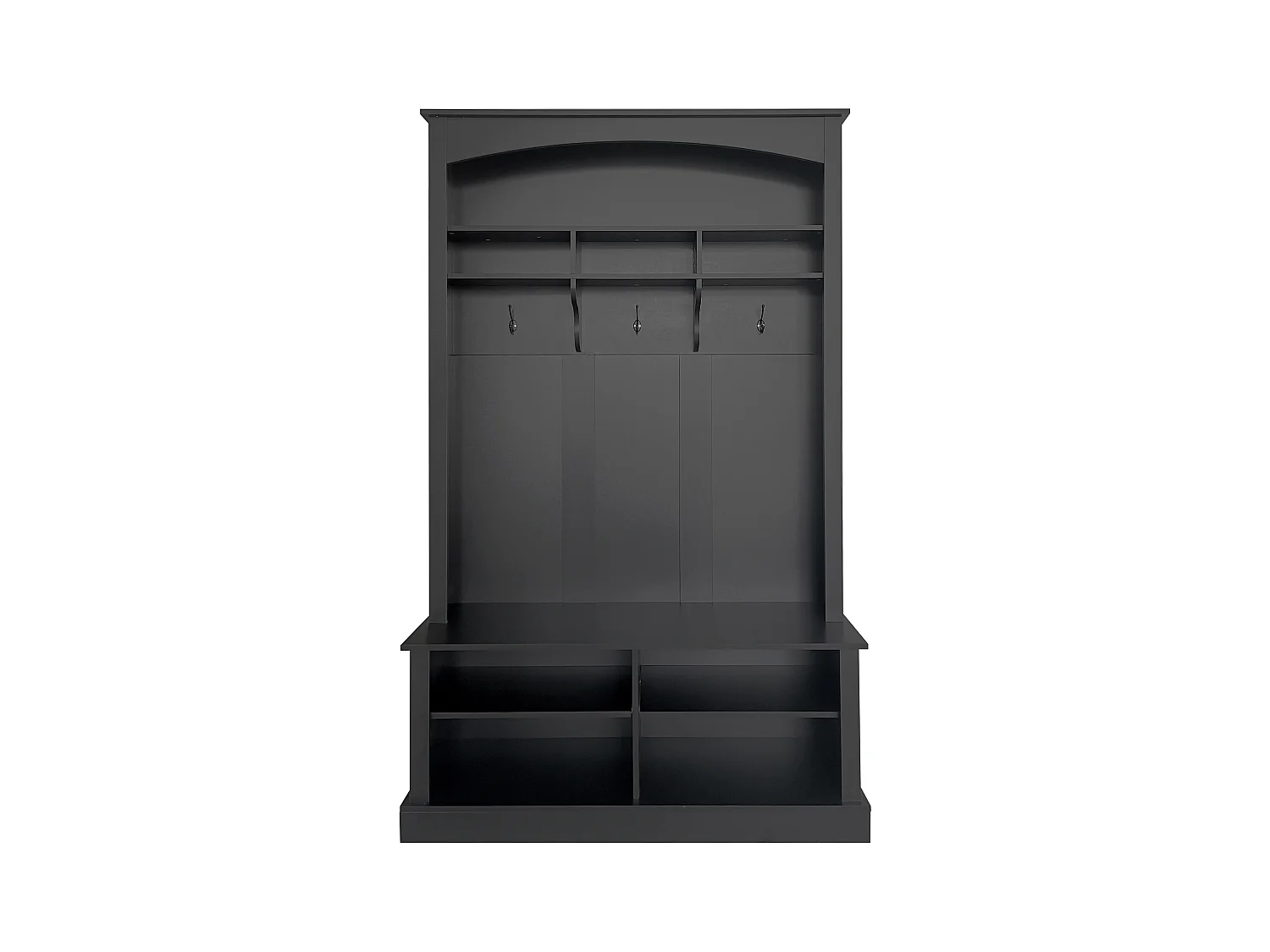 Zwarte garderobekast met bank, schoenenrek, 3 haken en open opbergruimte 120x40x190cm