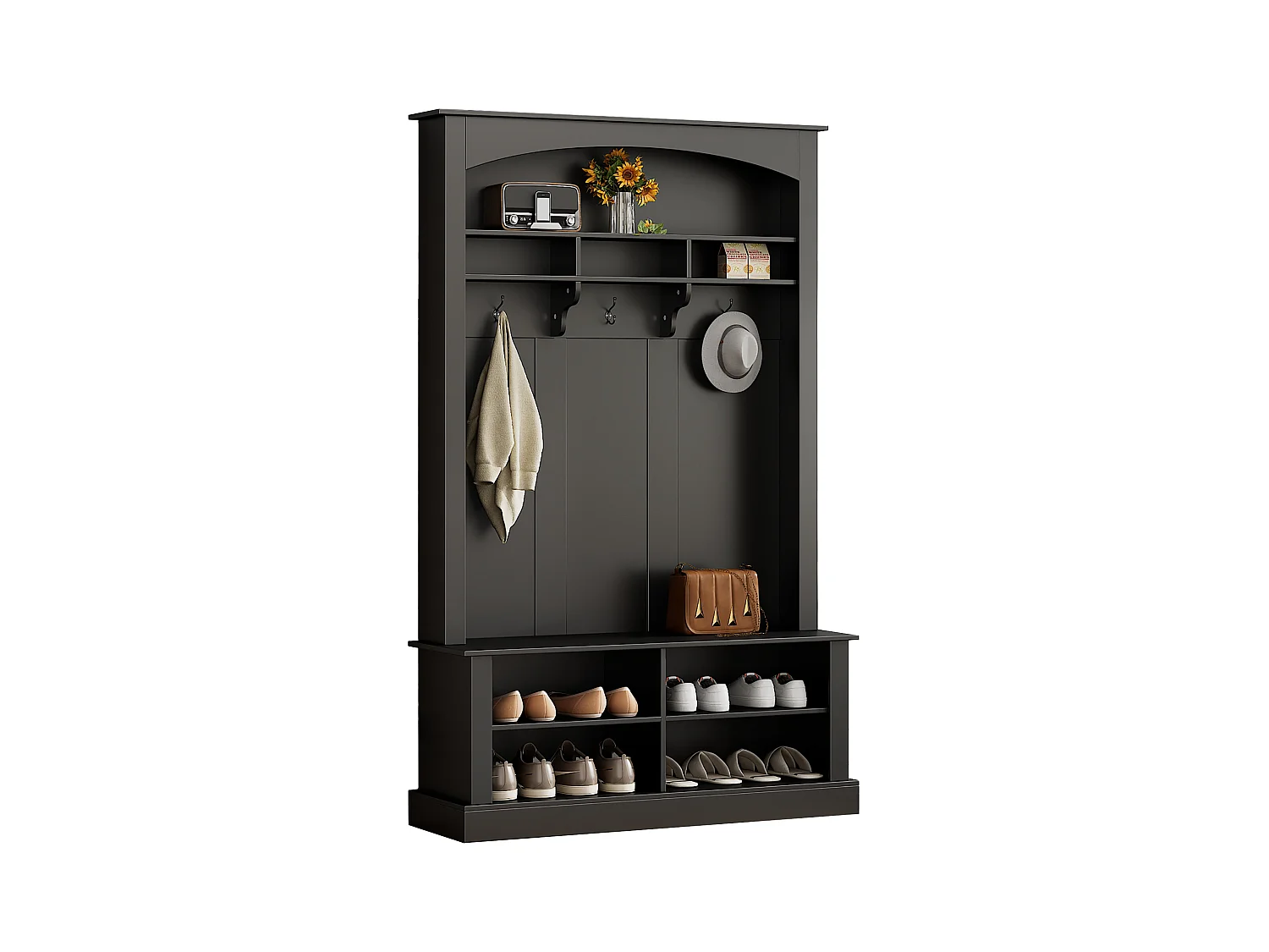 Zwarte garderobekast met bank, schoenenrek, 3 haken en open opbergruimte 120x40x190cm