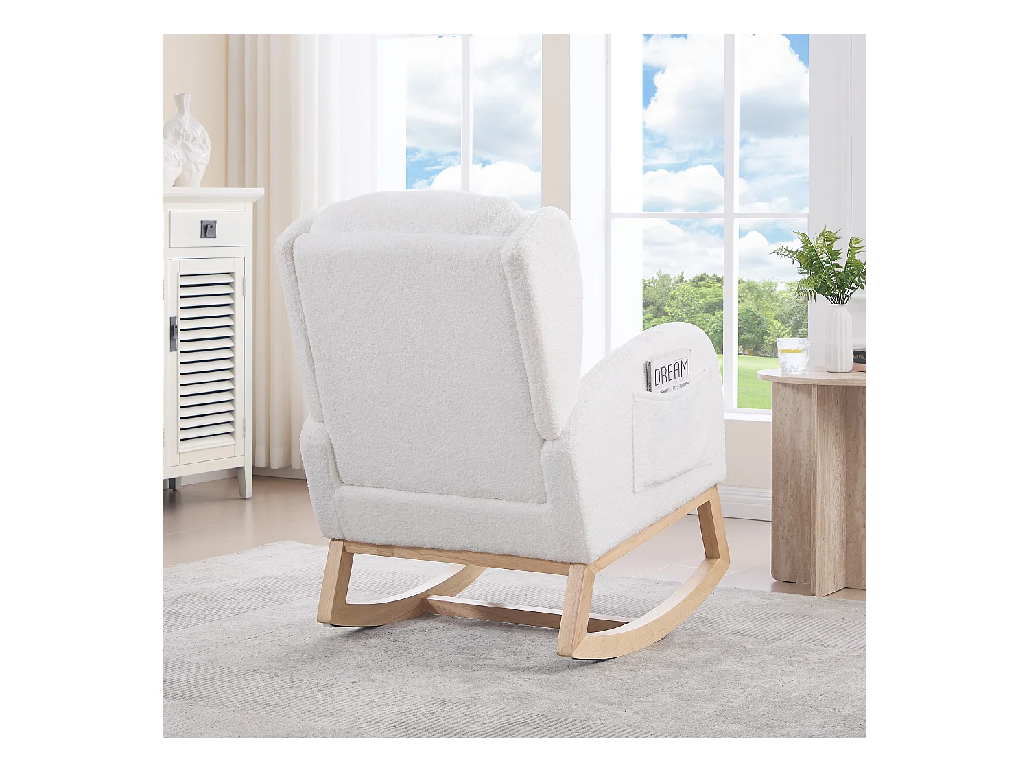 Witte schommelstoel met zijvakken, verstelbare voetensteun, houten frame 122,5x70x104cm