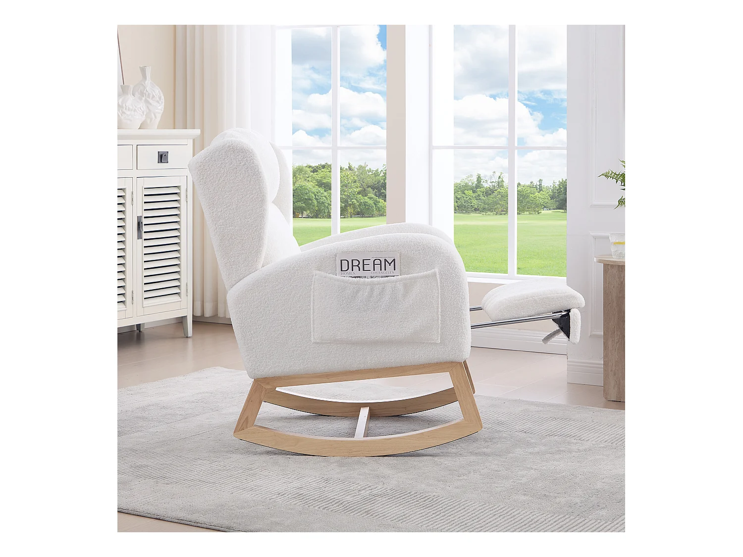 Witte schommelstoel met zijvakken, verstelbare voetensteun, houten frame 122,5x70x104cm