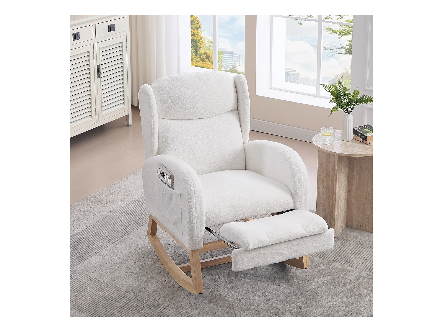 Rocking chair blanc avec poches latérales, repose-pieds réglable, structure en bois 122,5x70x104cm