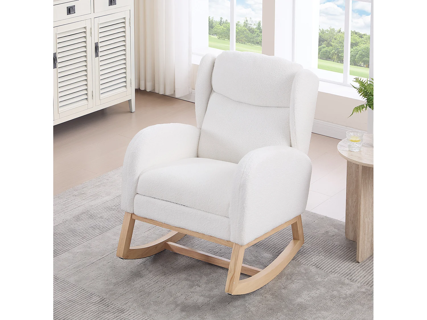 Rocking chair blanc avec poches latérales, repose-pieds réglable, structure en bois 122,5x70x104cm