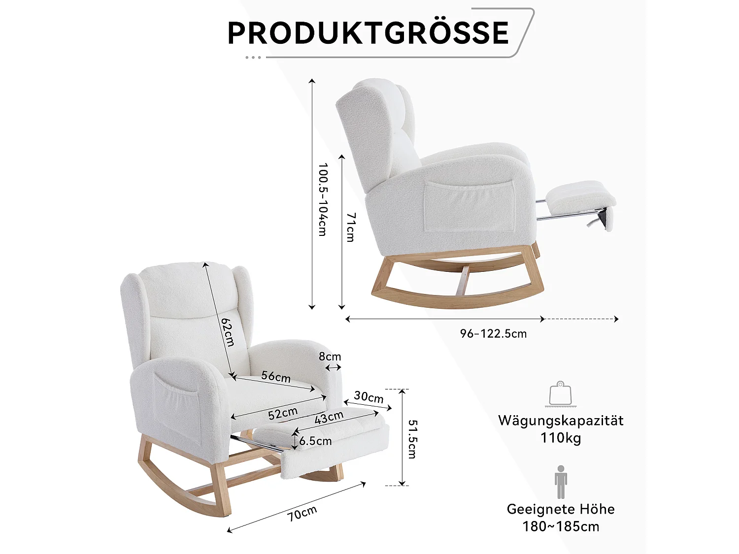 Rocking chair blanc avec poches latérales, repose-pieds réglable, structure en bois 122,5x70x104cm
