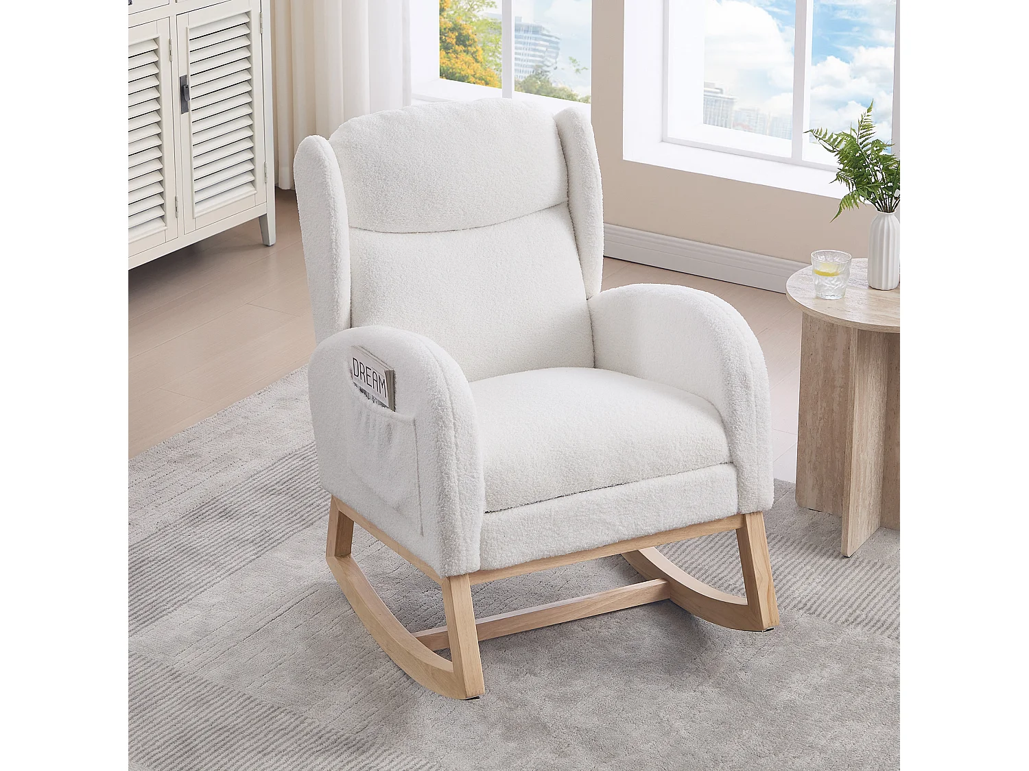 Rocking chair blanc avec poches latérales, repose-pieds réglable, structure en bois 122,5x70x104cm