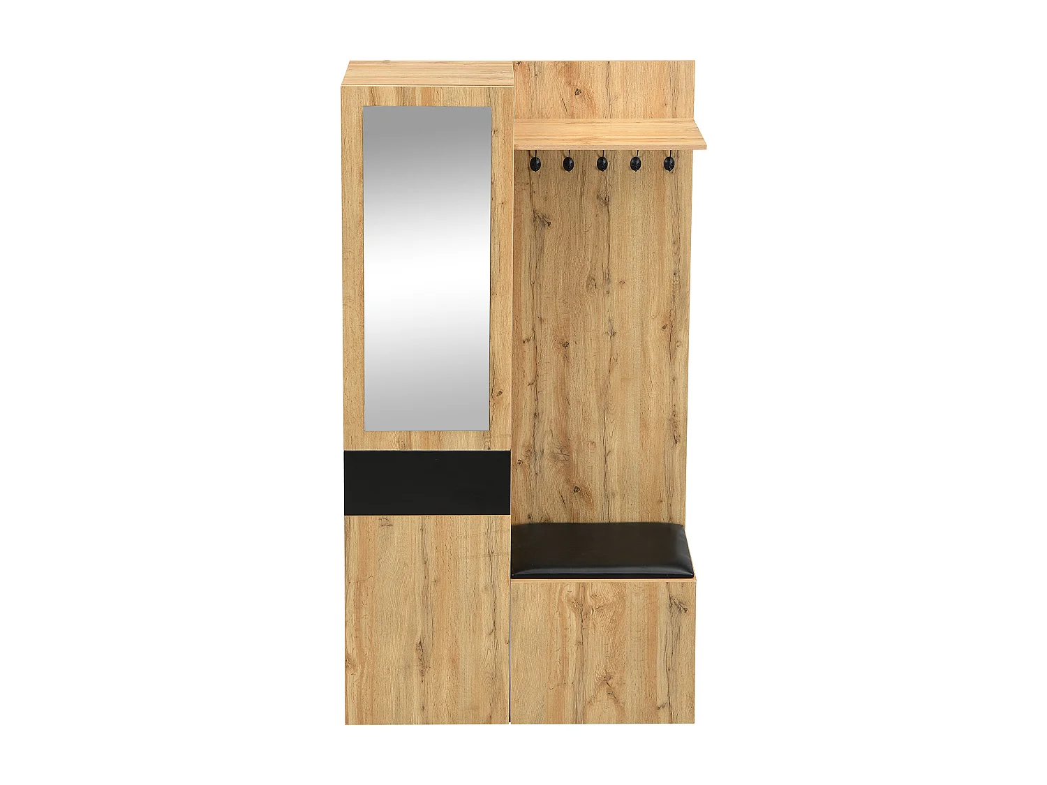 Vestiaire avec 3 portes, miroir, tiroir et 5 patères, banc, bois et noir 98,5x38x191cm