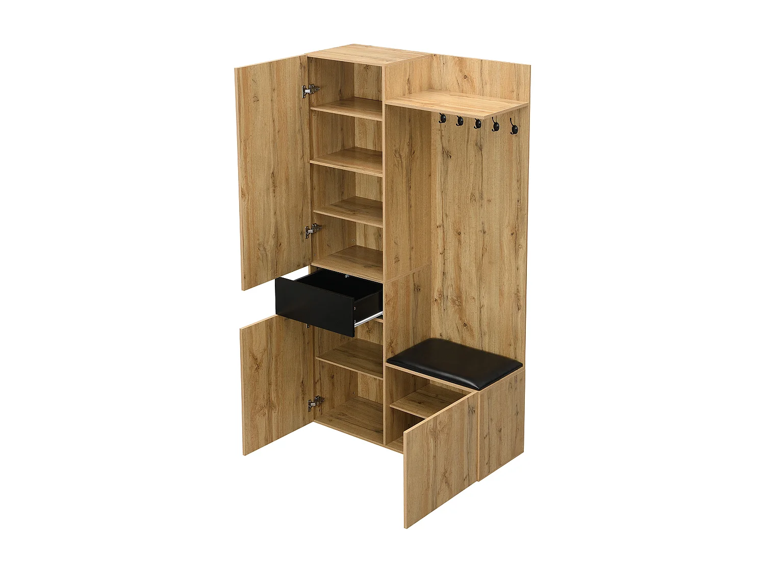 Vestiaire avec 3 portes, miroir, tiroir et 5 patères, banc, bois et noir 98,5x38x191cm