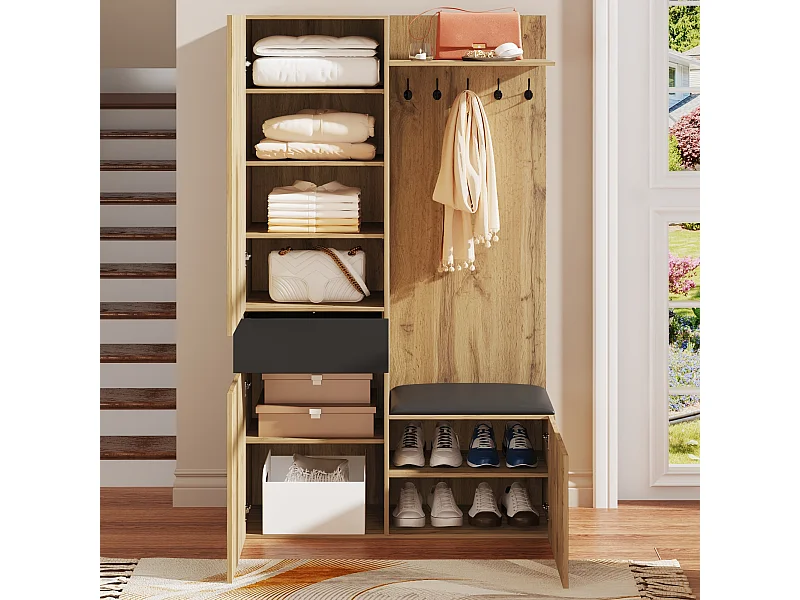 Vestiaire avec 3 portes, miroir, tiroir et 5 patères, banc, bois et noir 98,5x38x191cm