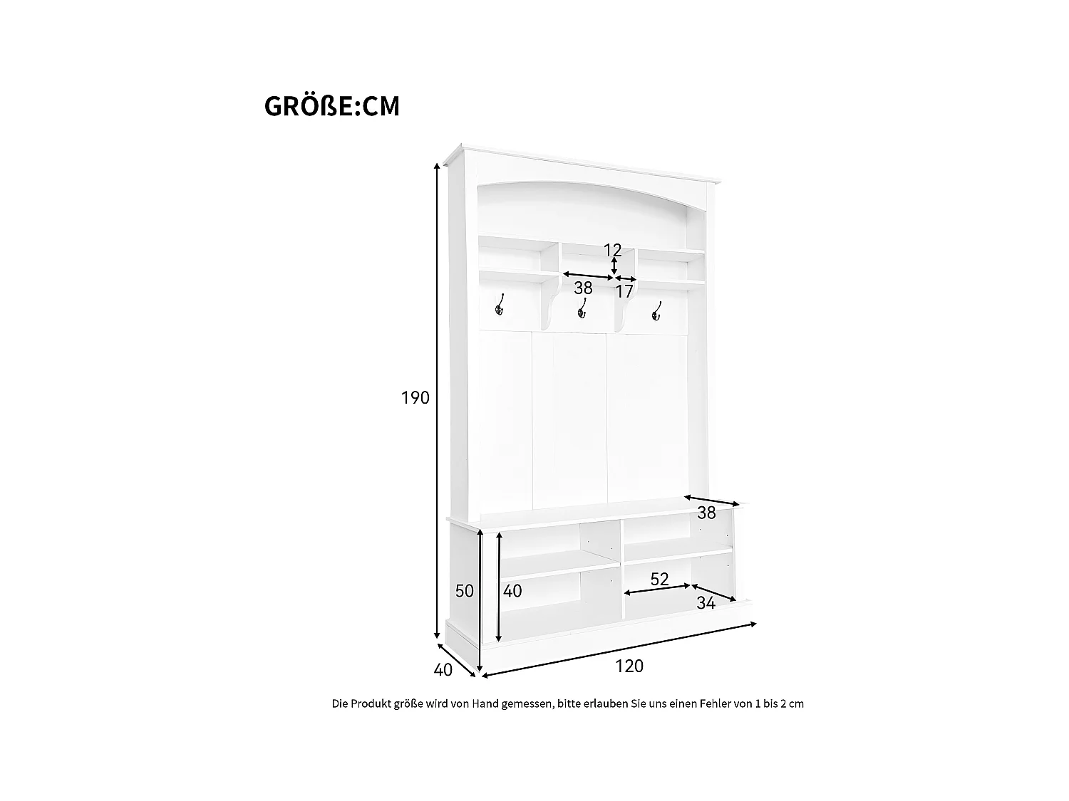 Witte garderobekast met bank, schoenenrek, 3 haken en open opbergruimte 120x40x190 cm