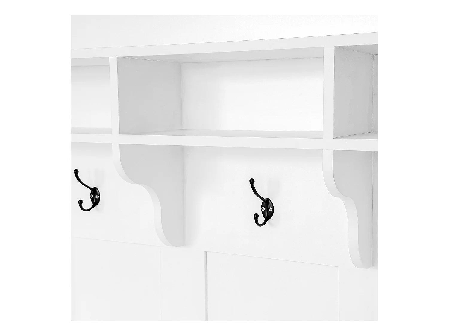 Witte garderobekast met bank, schoenenrek, 3 haken en open opbergruimte 120x40x190 cm