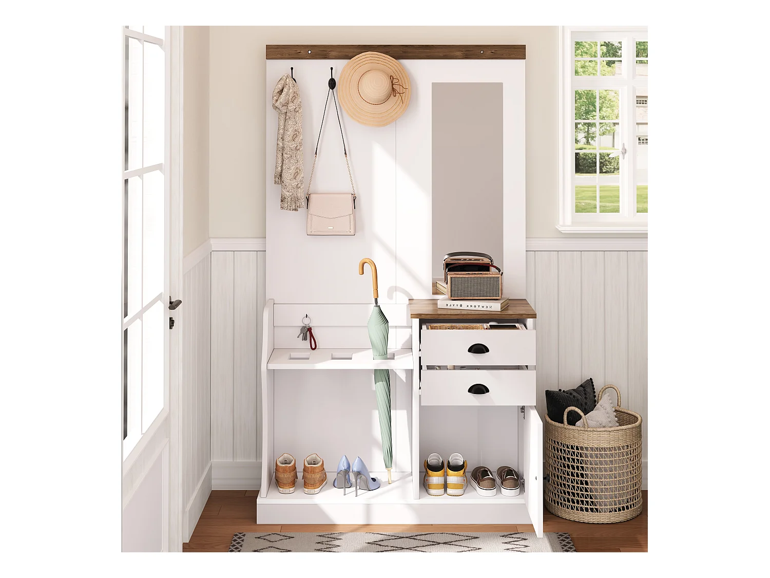 Vestiaire blanc et bois avec miroir, 2 tiroirs, 1 porte, patères et porte-parapluie 110,5x38x191cm