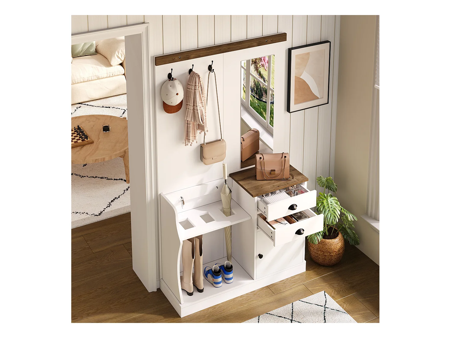 Vestiaire blanc et bois avec miroir, 2 tiroirs, 1 porte, patères et porte-parapluie 110,5x38x191cm