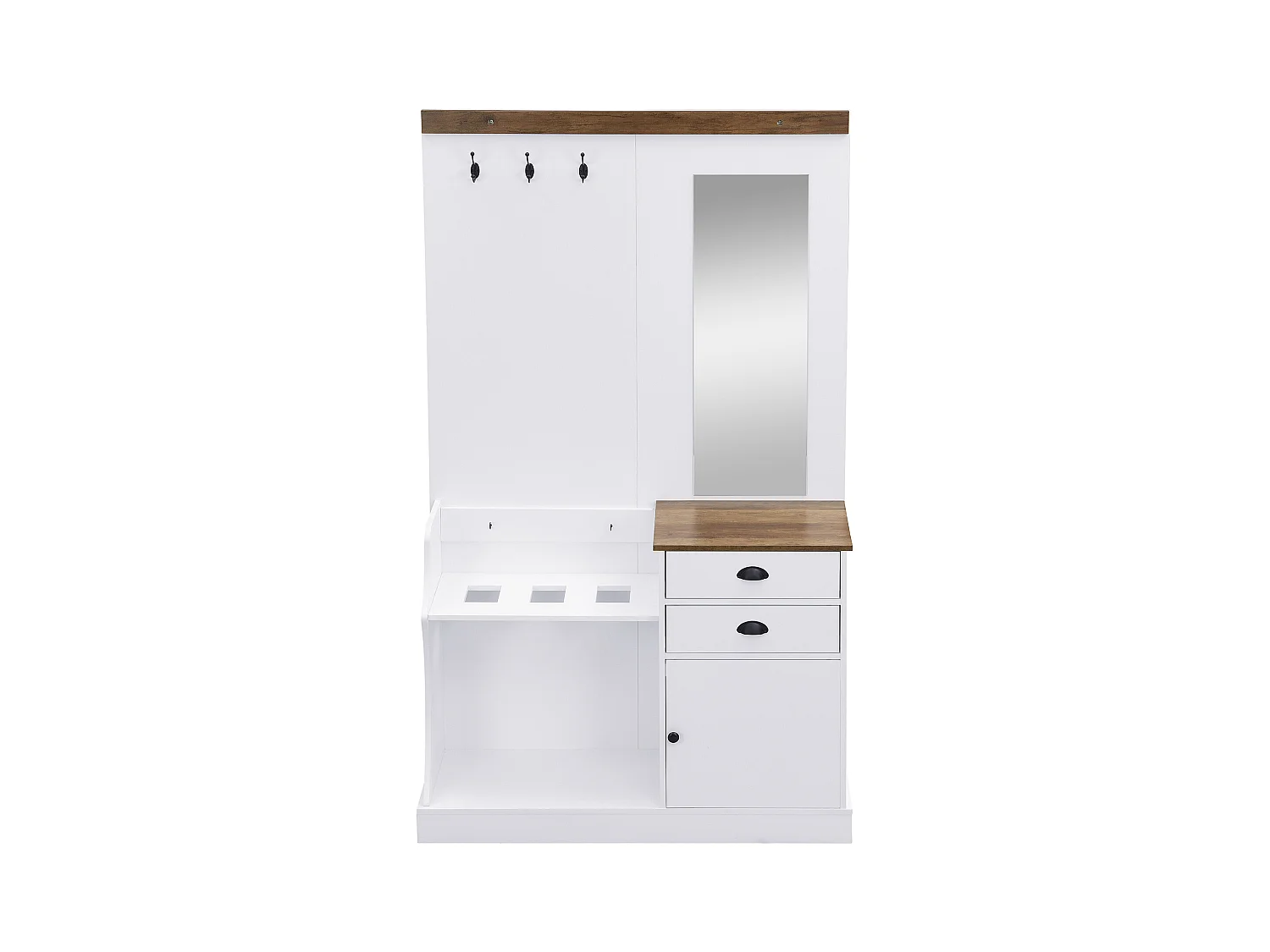 Vestiaire blanc et bois avec miroir, 2 tiroirs, 1 porte, patères et porte-parapluie 110,5x38x191cm