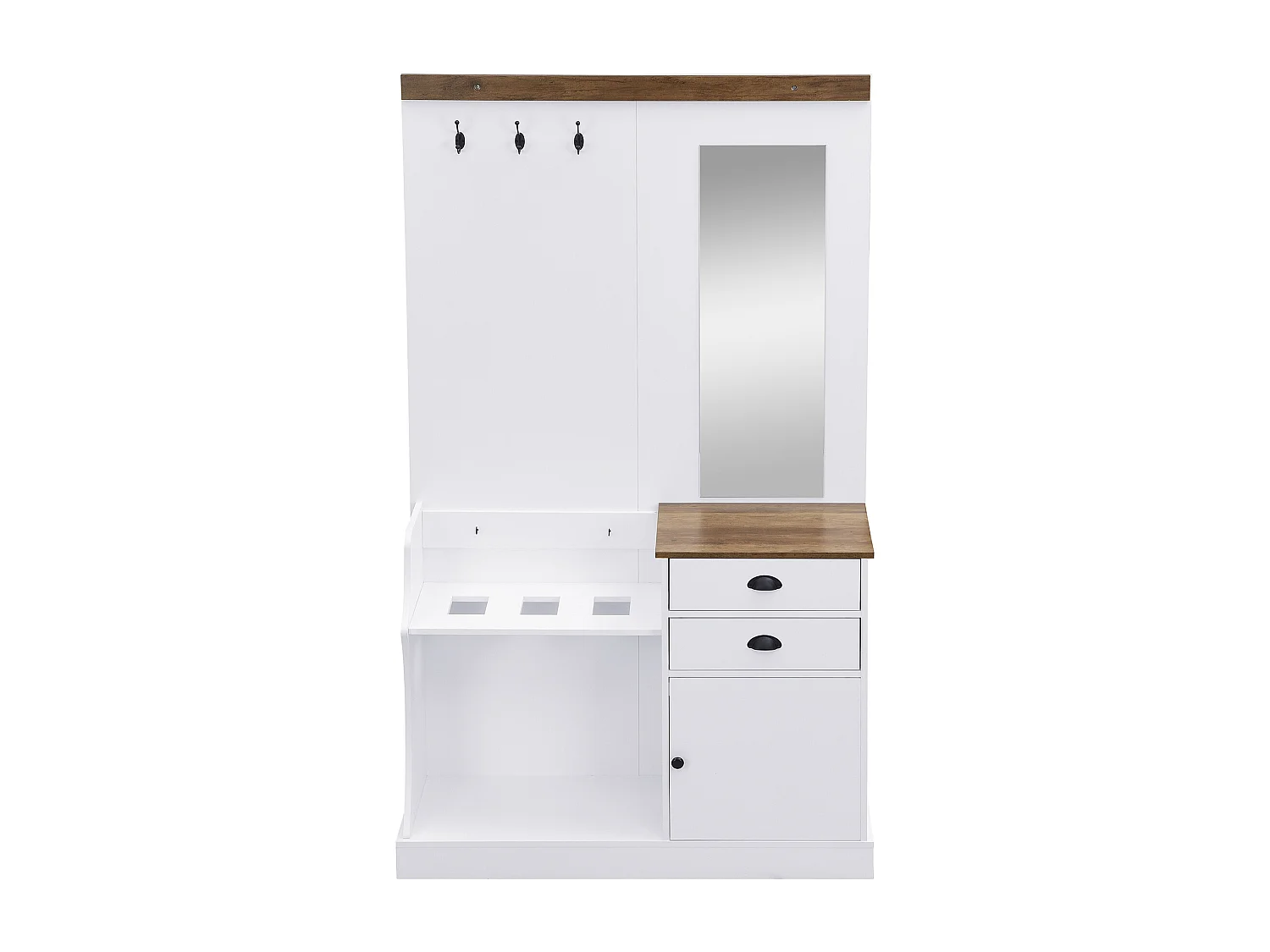 Vestiaire blanc et bois avec miroir, 2 tiroirs, 1 porte, patères et porte-parapluie 110,5x38x191cm