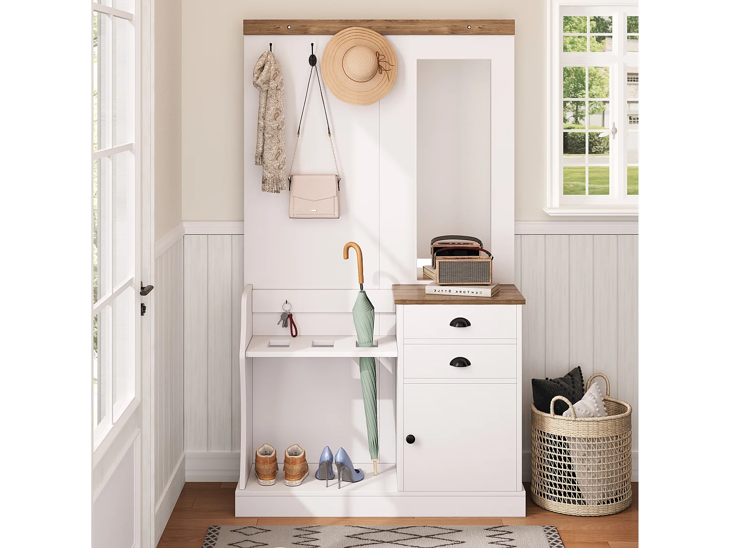 Vestiaire blanc et bois avec miroir, 2 tiroirs, 1 porte, patères et porte-parapluie 110,5x38x191cm